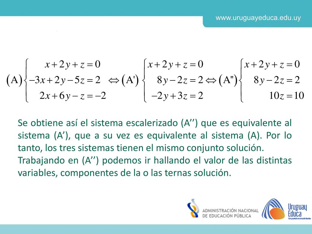 Se obtiene así el sistema escalerizado (A’’) que es equivalente al sistema (A’), que a su vez es equivalente al sistema (A). Por lo tanto, los tres sistemas tienen el mismo conjunto solución.