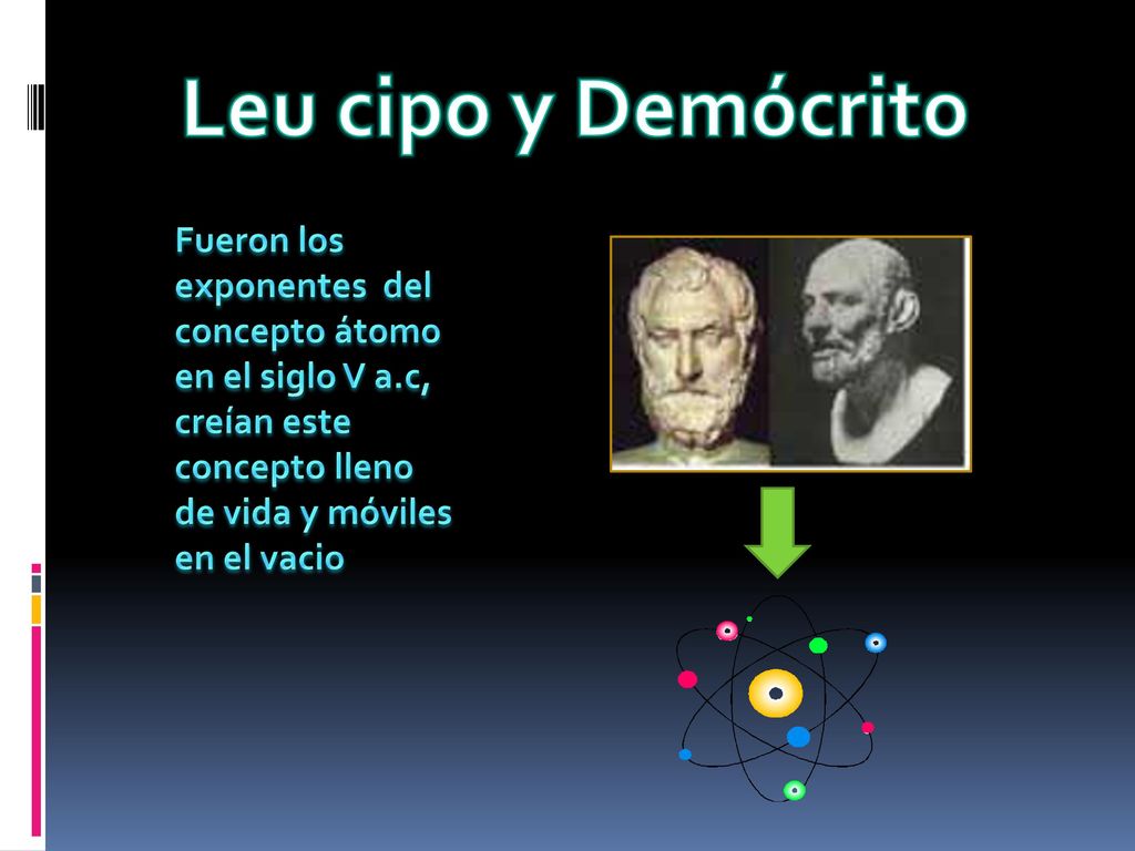 Leu cipo y Demócrito Fueron los exponentes del concepto átomo en el siglo V a.c, creían este concepto lleno de vida y móviles en el vacio.