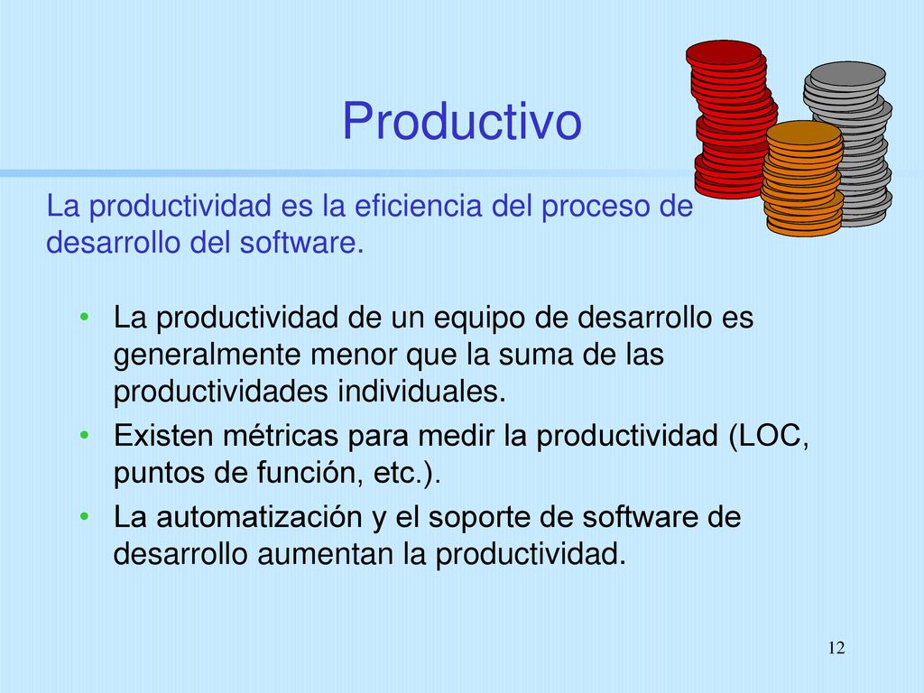 Productivo La productividad es la eficiencia del proceso de desarrollo del software.
