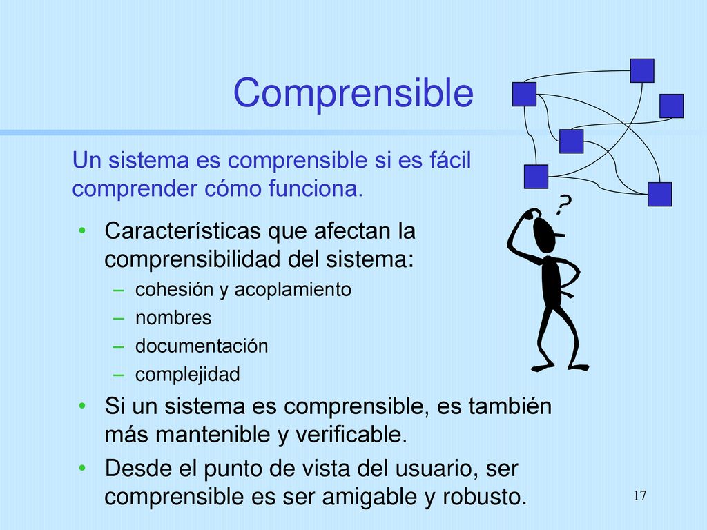 Comprensible Un sistema es comprensible si es fácil comprender cómo funciona. Características que afectan la comprensibilidad del sistema: