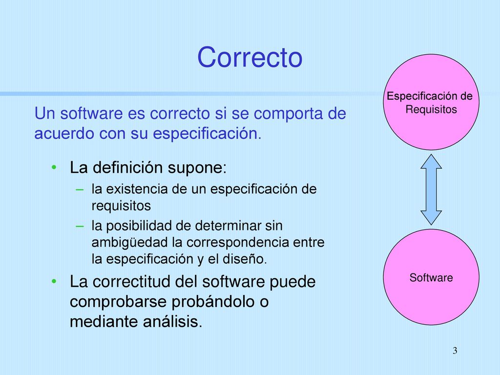 Correcto Especificación de. Requisitos. Un software es correcto si se comporta de acuerdo con su especificación.