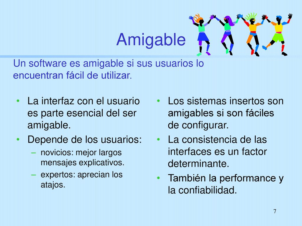 Amigable Un software es amigable si sus usuarios lo encuentran fácil de utilizar. La interfaz con el usuario es parte esencial del ser amigable.