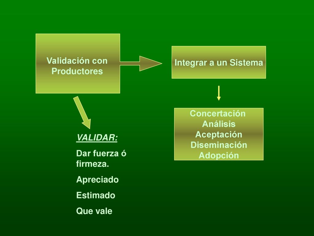 Validación con Productores. Integrar a un Sistema. Concertación. Análisis. Aceptación. Diseminación.