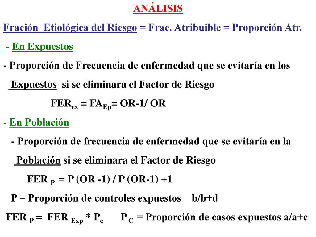 ANÁLISIS Fración Etiológica del Riesgo = Frac. Atribuible = Proporción Atr. - En Expuestos.