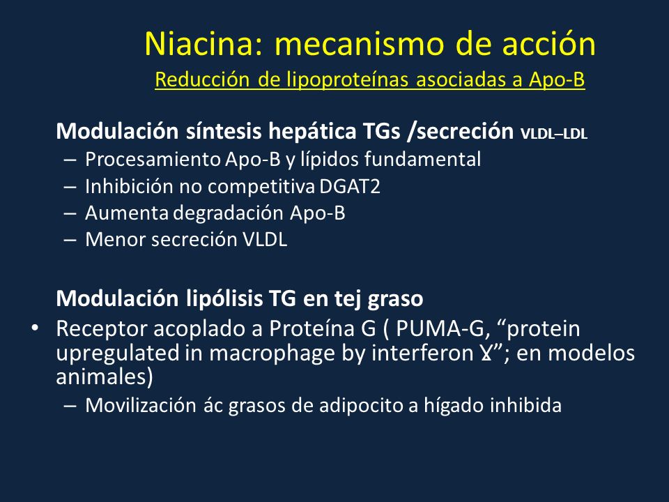 Niacina: mecanismo de acción Reducción de lipoproteínas asociadas a Apo-B