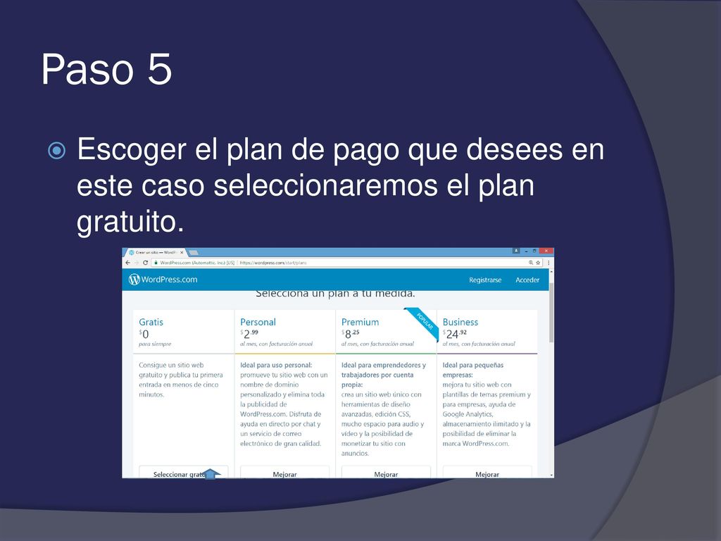 Paso 5 Escoger el plan de pago que desees en este caso seleccionaremos el plan gratuito.