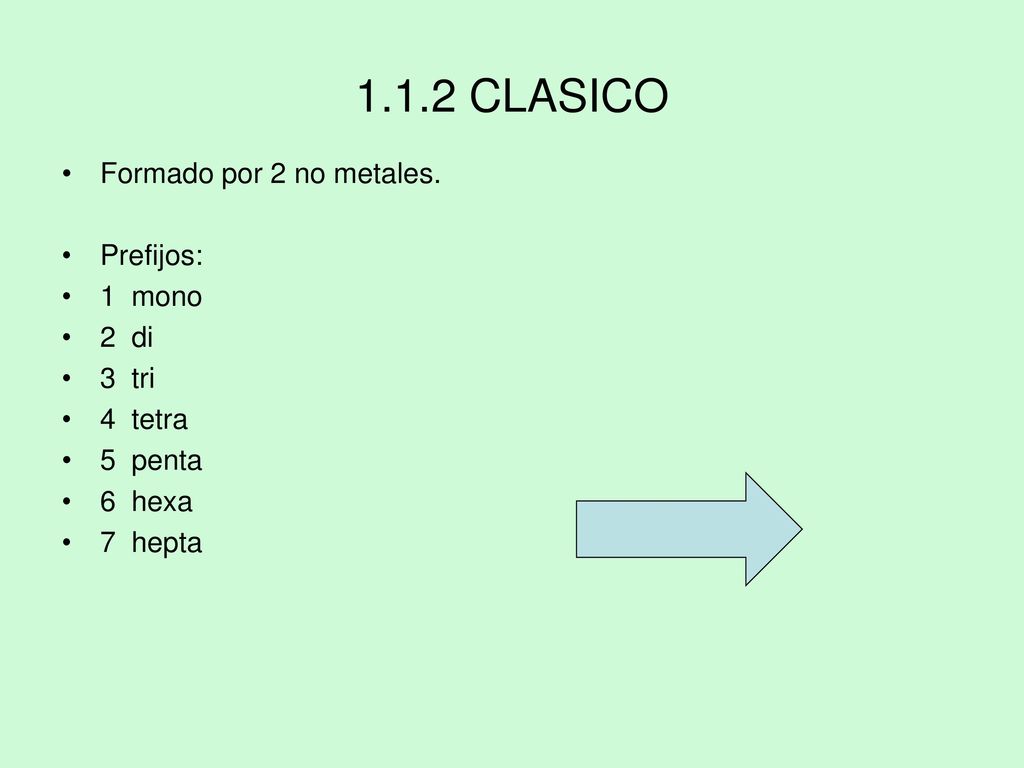 1.1.2 CLASICO Formado por 2 no metales. Prefijos: 1 mono 2 di 3 tri