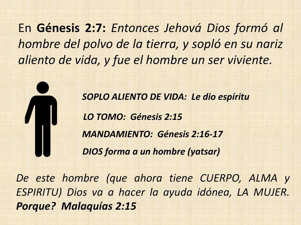 En Génesis 2:7: Entonces Jehová Dios formó al hombre del polvo de la tierra, y sopló en su nariz aliento de vida, y fue el hombre un ser viviente.