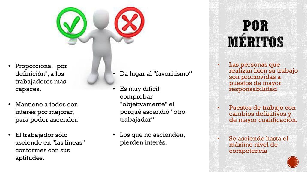 POR MÉRITOS Proporciona, por definición , a los trabajadores mas capaces. Mantiene a todos con interés por mejorar, para poder ascender.