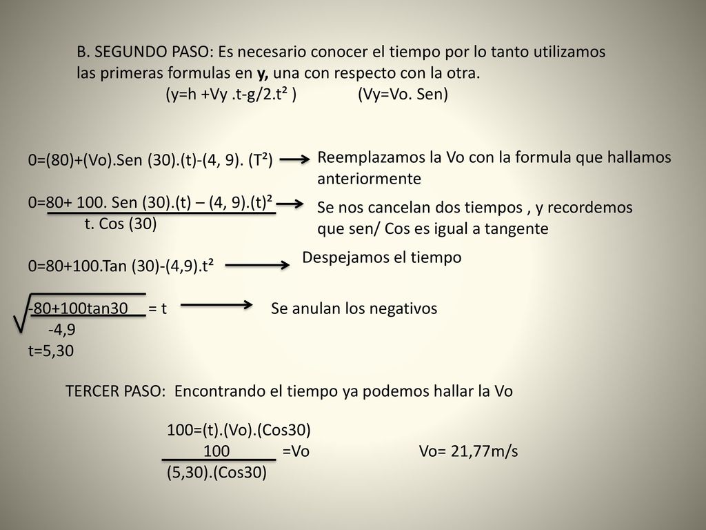 B. SEGUNDO PASO: Es necesario conocer el tiempo por lo tanto utilizamos las primeras formulas en y, una con respecto con la otra.