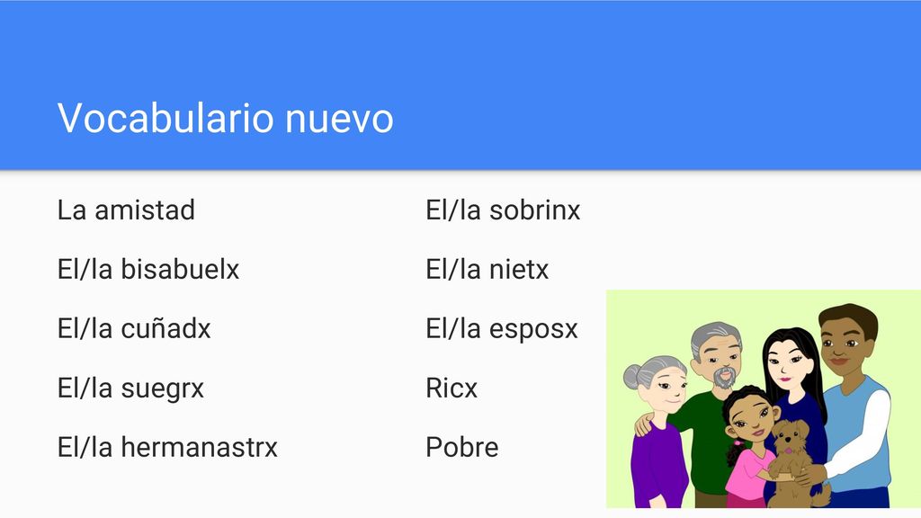 Vocabulario nuevo La amistad El/la sobrinx El/la bisabuelx El/la nietx