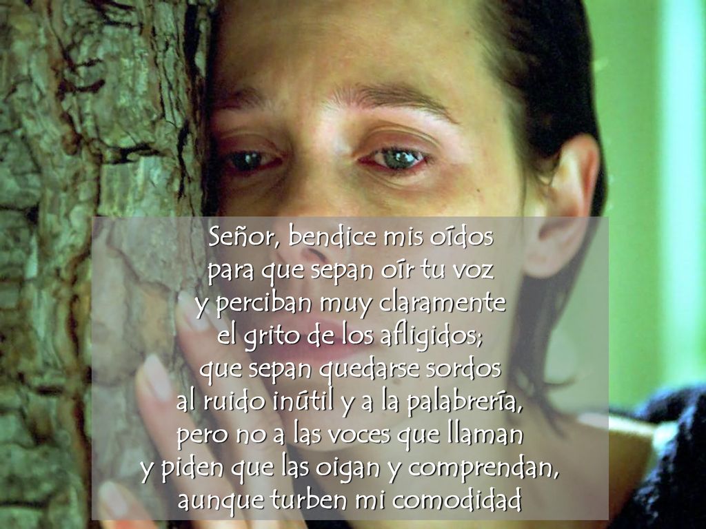Señor, bendice mis oídos para que sepan oír tu voz y perciban muy claramente el grito de los afligidos; que sepan quedarse sordos al ruido inútil y a la palabrería, pero no a las voces que llaman y piden que las oigan y comprendan, aunque turben mi comodidad