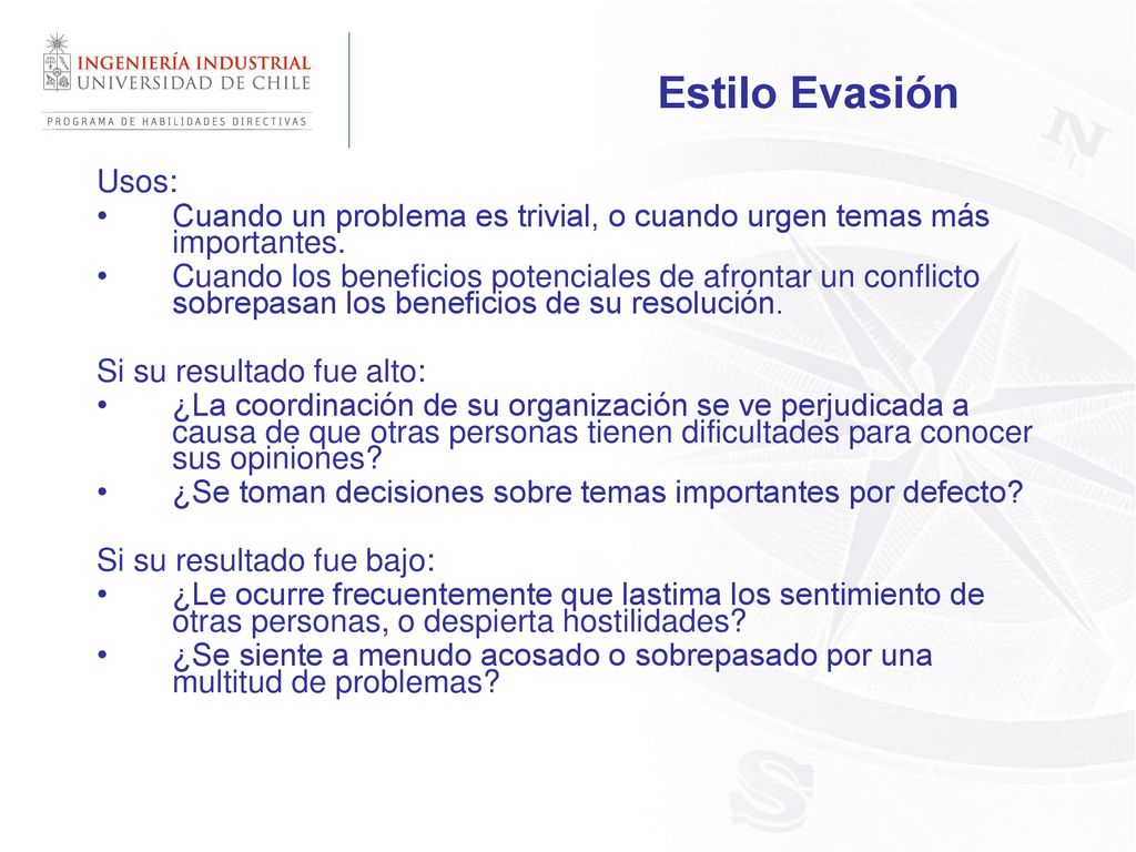 Estilo Evasión Usos: Cuando un problema es trivial, o cuando urgen temas más importantes.