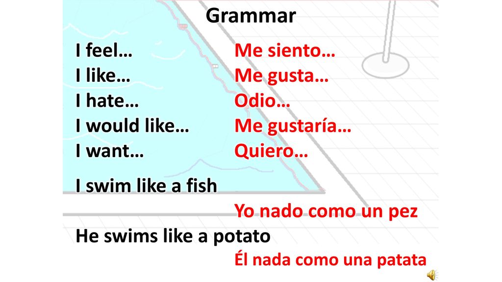 Grammar I feel… I like… I hate… I would like… I want… I swim like a fish He swims like a potato Me siento…