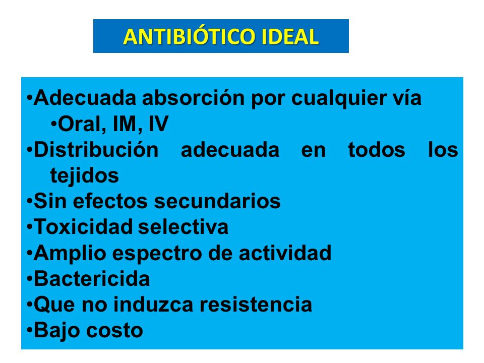 ANTIBIÓTICO IDEAL Adecuada absorción por cualquier vía Oral, IM, IV