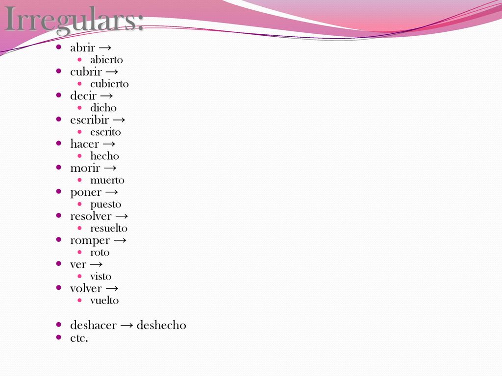 Irregulars: abrir → cubrir → decir → escribir → hacer → morir →
