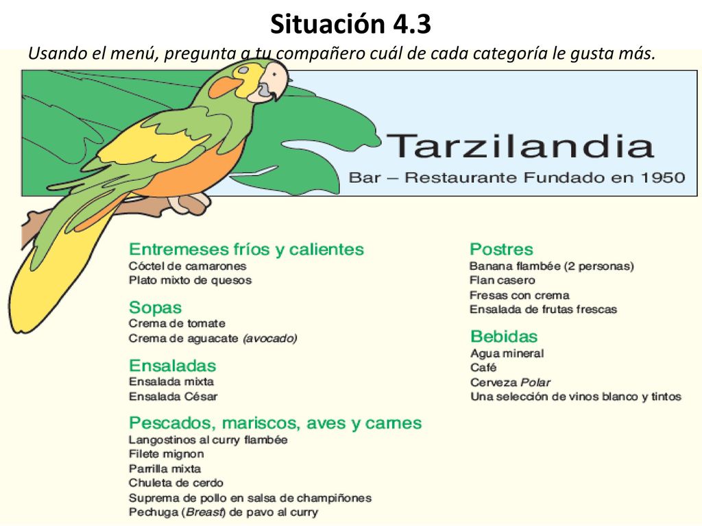 Situación 4.3 Usando el menú, pregunta a tu compañero cuál de cada categoría le gusta más.