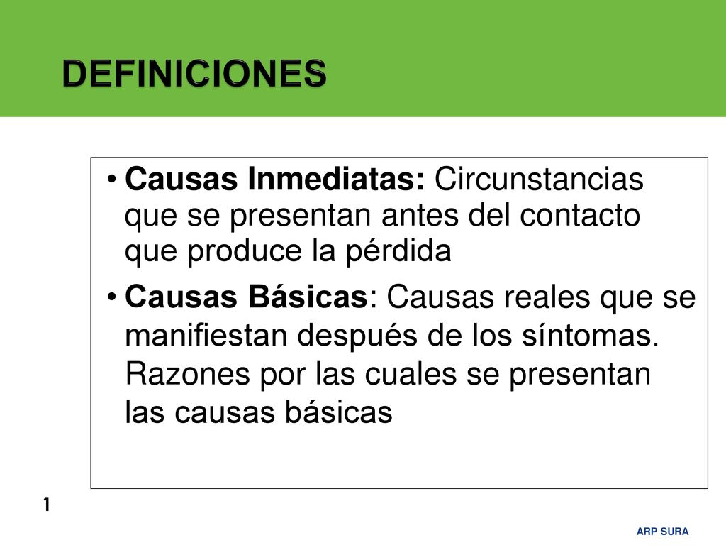 DEFINICIONES Causas Inmediatas: Circunstancias que se presentan antes del contacto que produce la pérdida.