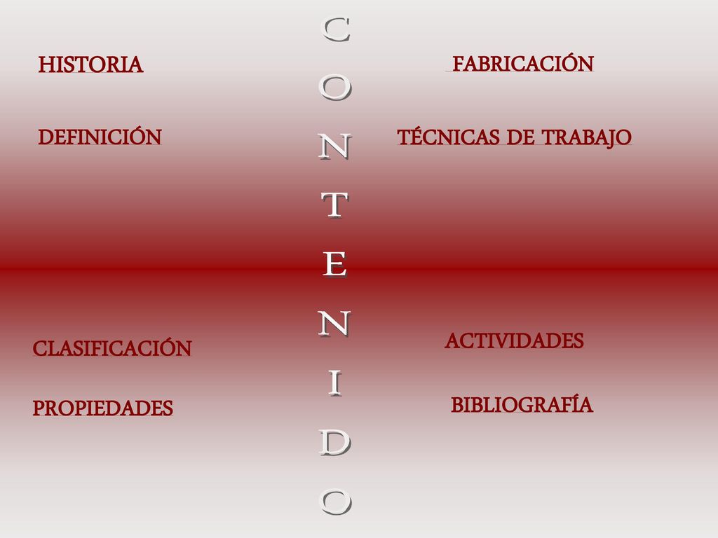 C O N T E I D HISTORIA FABRICACIÓN DEFINICIÓN TÉCNICAS DE TRABAJO