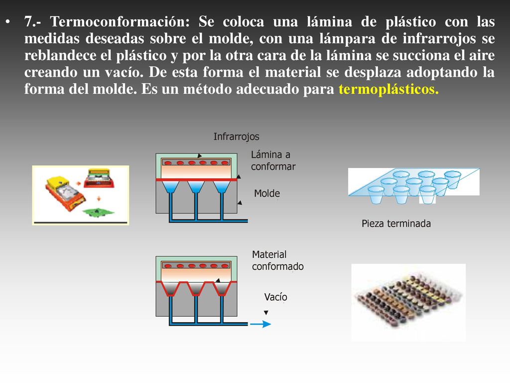 7.- Termoconformación: Se coloca una lámina de plástico con las medidas deseadas sobre el molde, con una lámpara de infrarrojos se reblandece el plástico y por la otra cara de la lámina se succiona el aire creando un vacío.