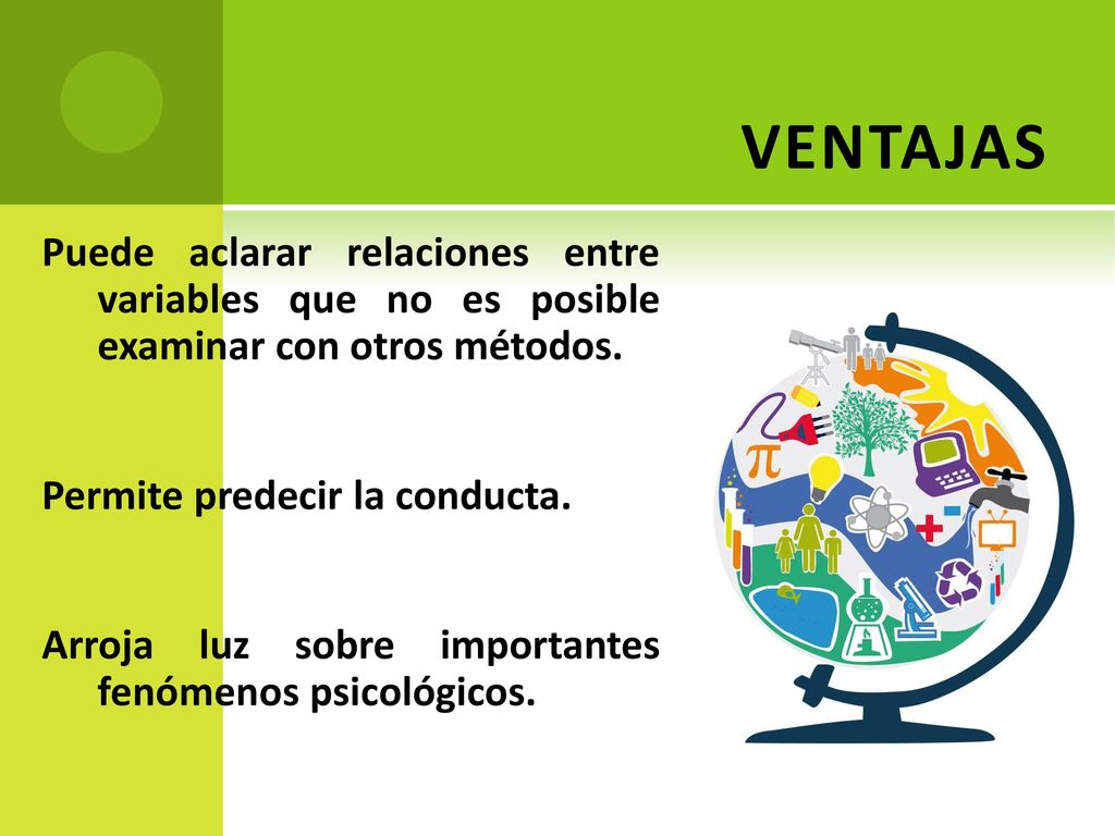 VENTAJAS Puede aclarar relaciones entre variables que no es posible examinar con otros métodos. Permite predecir la conducta.