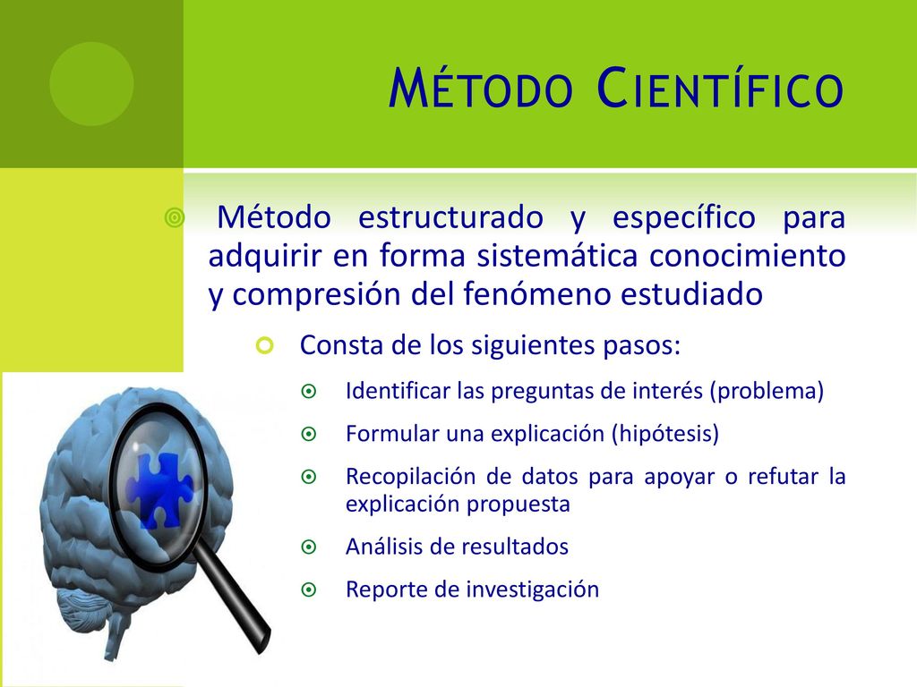 Método Científico Método estructurado y específico para adquirir en forma sistemática conocimiento y compresión del fenómeno estudiado.