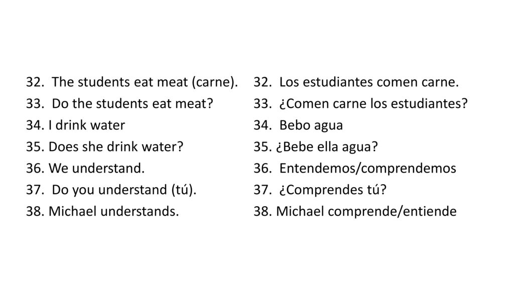 32. The students eat meat (carne). 33. Do the students eat meat. 34