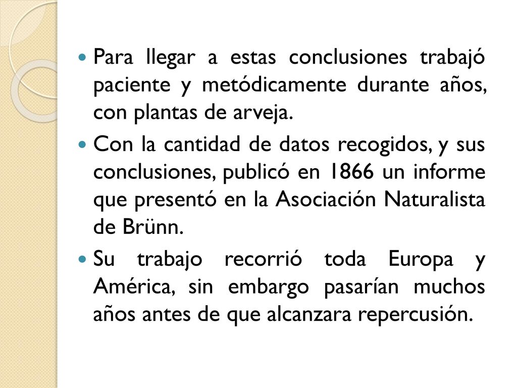 Para llegar a estas conclusiones trabajó paciente y metódicamente durante años, con plantas de arveja.