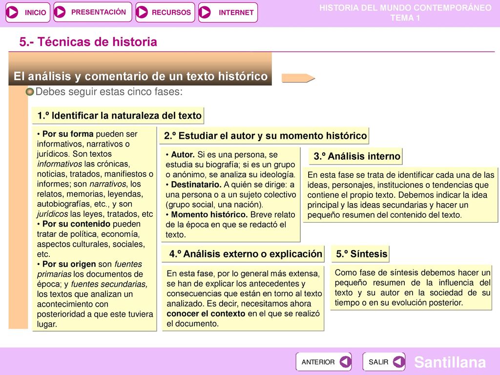 5.- Técnicas de historia El análisis y comentario de un texto histórico. Debes seguir estas cinco fases: