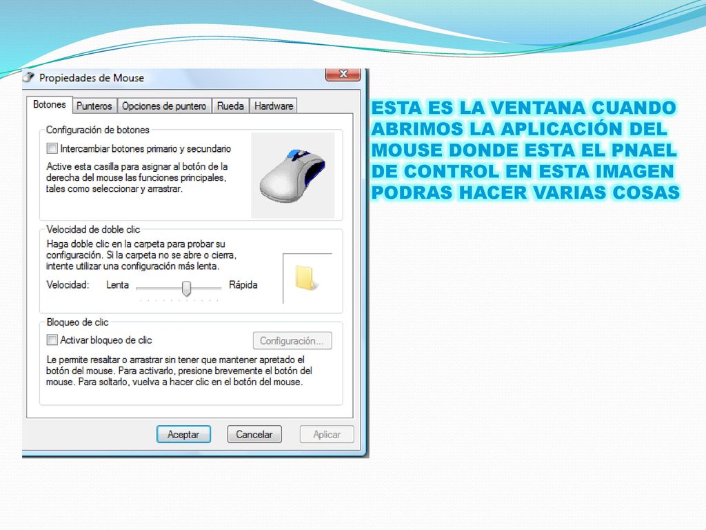 ESTA ES LA VENTANA CUANDO ABRIMOS LA APLICACIÓN DEL MOUSE DONDE ESTA EL PNAEL DE CONTROL EN ESTA IMAGEN PODRAS HACER VARIAS COSAS