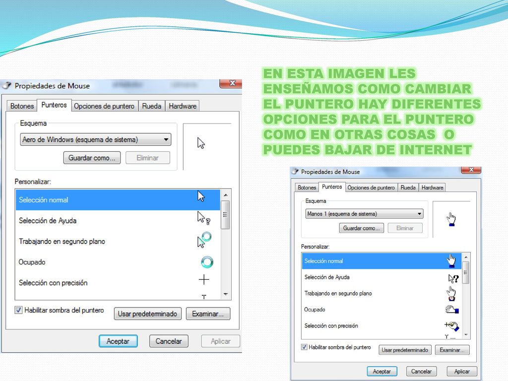 EN ESTA IMAGEN LES ENSEÑAMOS COMO CAMBIAR EL PUNTERO HAY DIFERENTES OPCIONES PARA EL PUNTERO COMO EN OTRAS COSAS O PUEDES BAJAR DE INTERNET