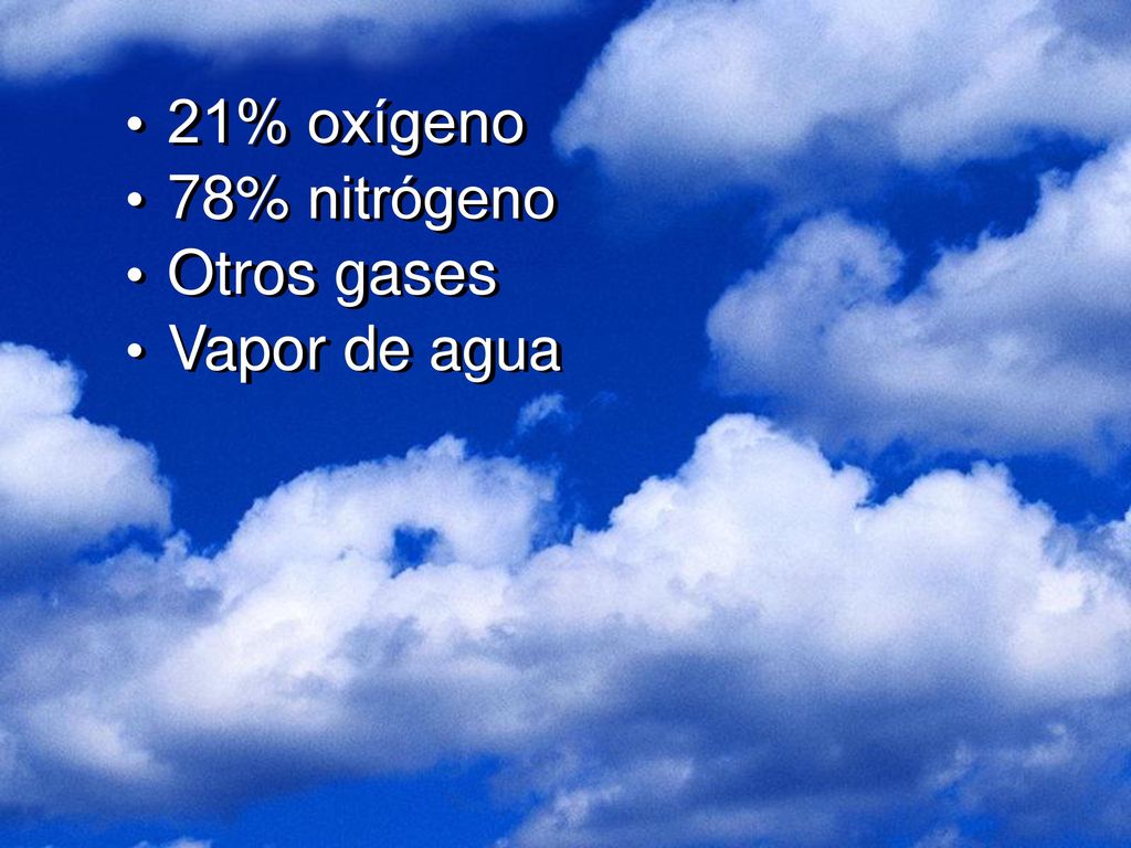 21% oxígeno 78% nitrógeno Otros gases Vapor de agua