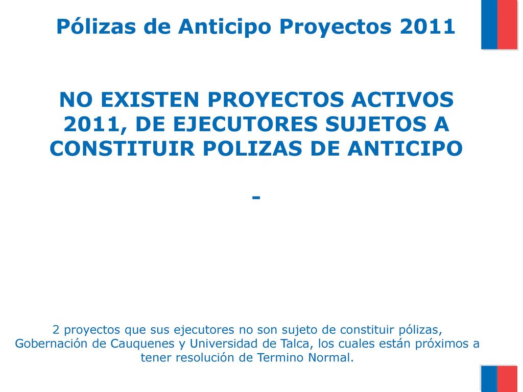 Pólizas de Anticipo Proyectos 2011 NO EXISTEN PROYECTOS ACTIVOS 2011, DE EJECUTORES SUJETOS A CONSTITUIR POLIZAS DE ANTICIPO -