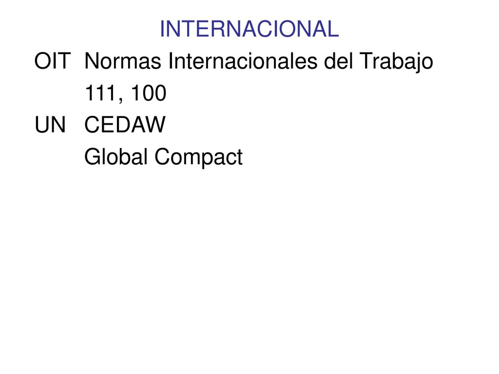 INTERNACIONAL OIT Normas Internacionales del Trabajo 111, 100 UN CEDAW Global Compact