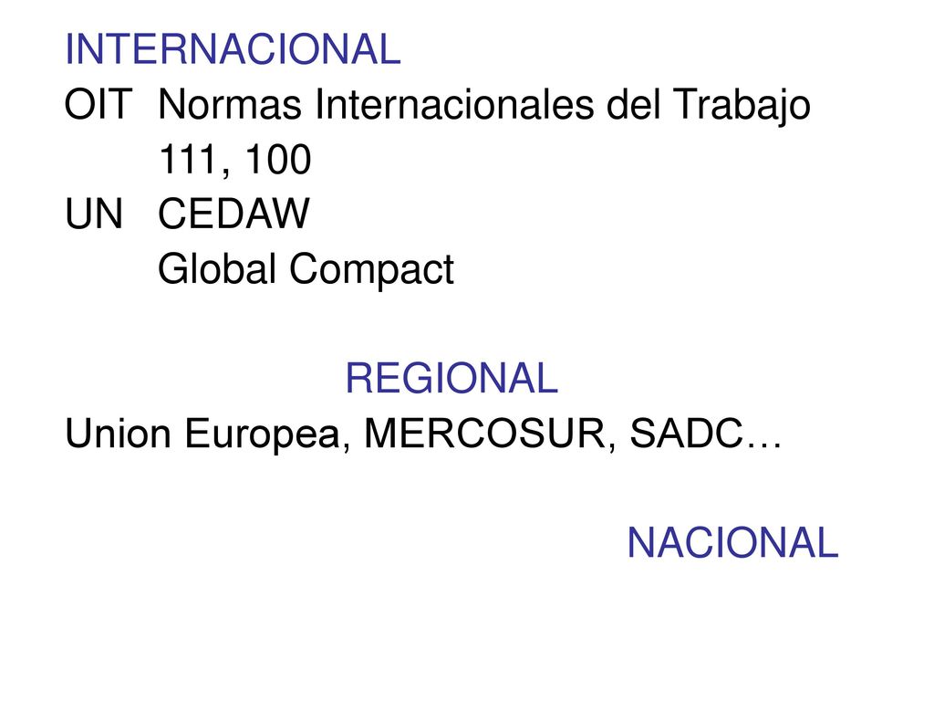 INTERNACIONAL OIT Normas Internacionales del Trabajo. 111, 100. UN CEDAW. Global Compact. REGIONAL.