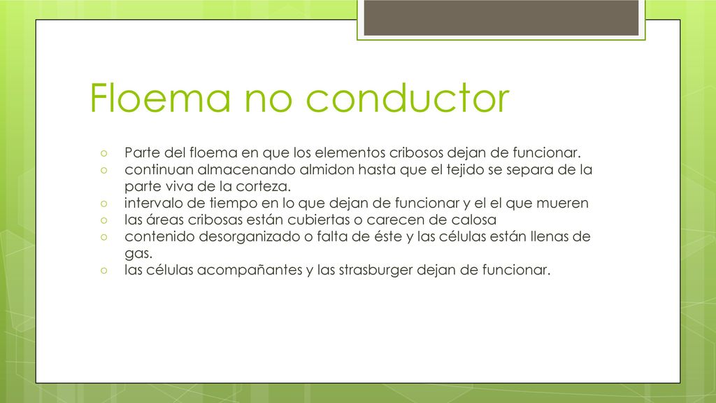 Floema no conductor Parte del floema en que los elementos cribosos dejan de funcionar.