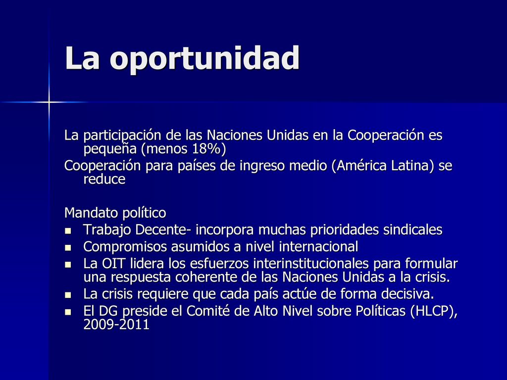La oportunidad La participación de las Naciones Unidas en la Cooperación es pequeña (menos 18%)