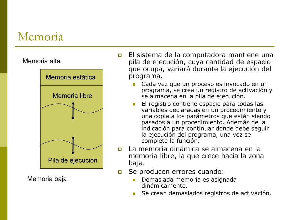 Memoria El sistema de la computadora mantiene una pila de ejecución, cuya cantidad de espacio que ocupa, variará durante la ejecución del programa.