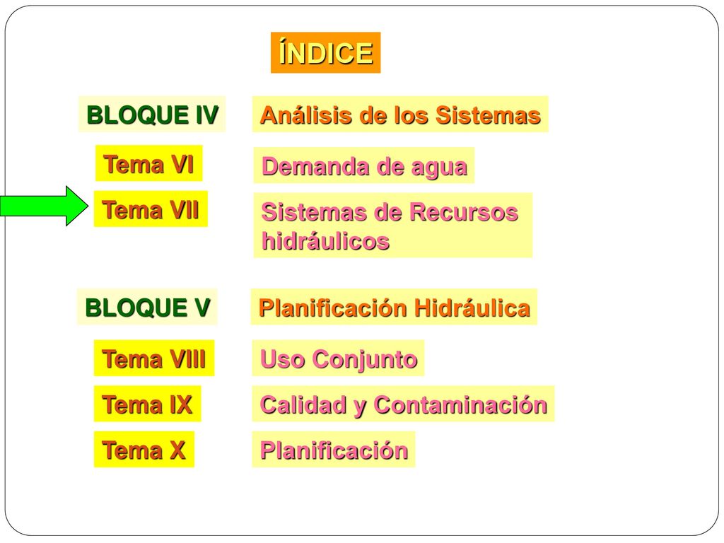 ÍNDICE BLOQUE IV Análisis de los Sistemas Tema VI Demanda de agua