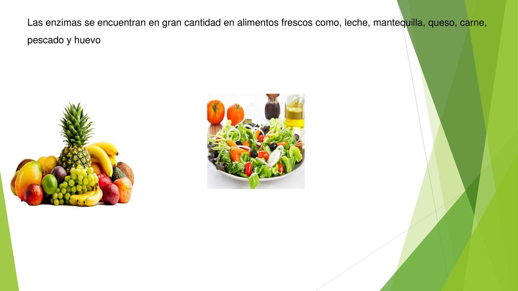 Las enzimas se encuentran en gran cantidad en alimentos frescos como, leche, mantequilla, queso, carne, pescado y huevo .