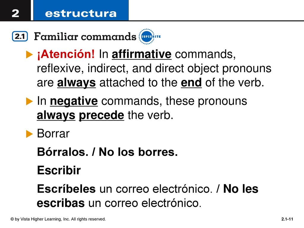 In negative commands, these pronouns always precede the verb. Borrar