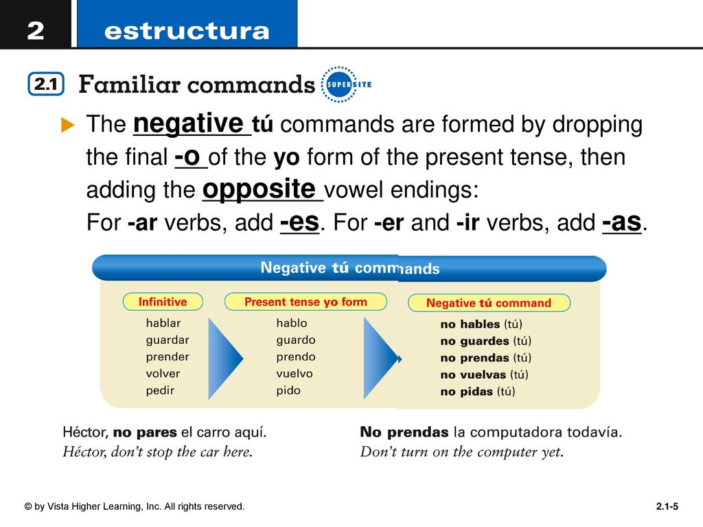 The negative tú commands are formed by dropping the final -o of the yo form of the present tense, then adding the opposite vowel endings: For -ar verbs, add -es. For -er and -ir verbs, add -as.