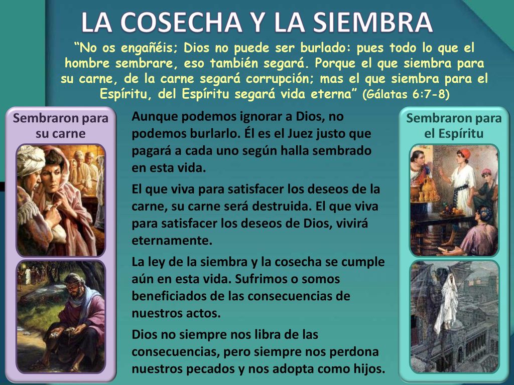 No os engañéis; Dios no puede ser burlado: pues todo lo que el hombre sembrare, eso también segará. Porque el que siembra para su carne, de la carne segará corrupción; mas el que siembra para el Espíritu, del Espíritu segará vida eterna (Gálatas 6:7-8)