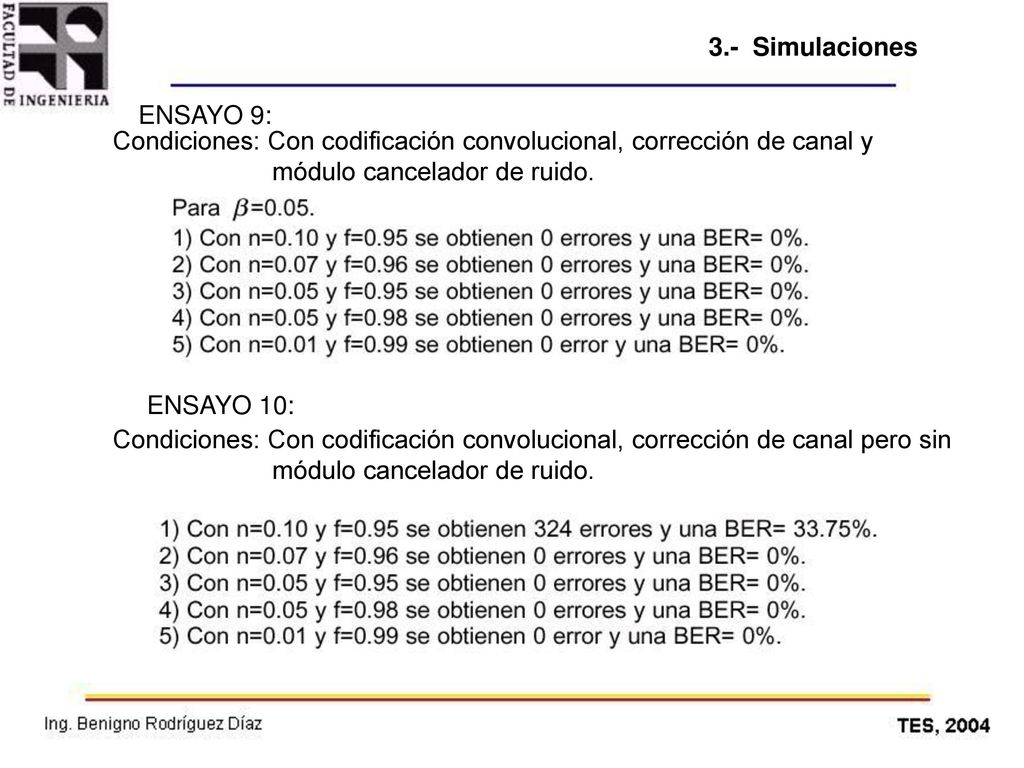 3.- Simulaciones ENSAYO 9: Condiciones: Con codificación convolucional, corrección de canal y módulo cancelador de ruido.