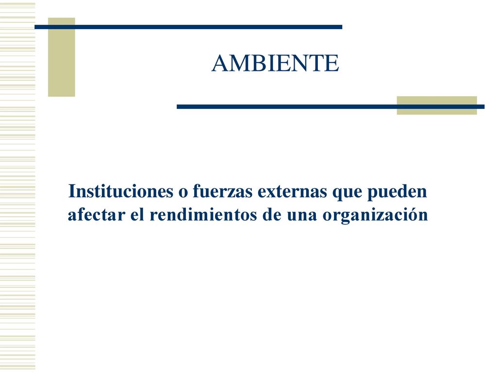AMBIENTE Instituciones o fuerzas externas que pueden afectar el rendimientos de una organización