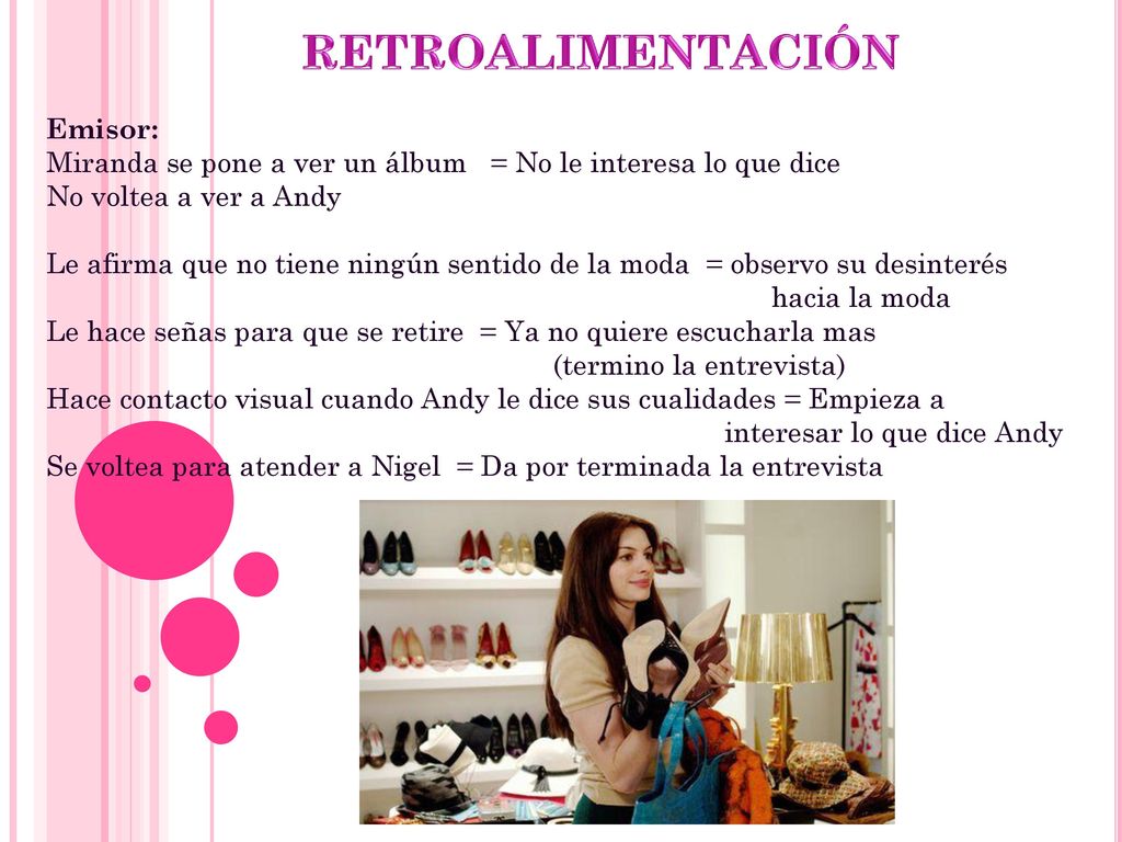 RETROALIMENTACIÓN Emisor: Miranda se pone a ver un álbum = No le interesa lo que dice No voltea a ver a Andy.