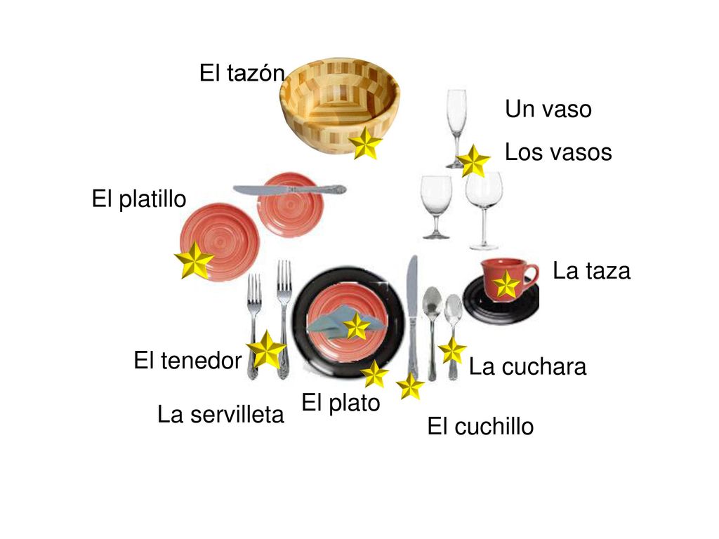 El tazón Un vaso. Los vasos. El platillo. La taza. El tenedor. La cuchara. El plato. La servilleta.