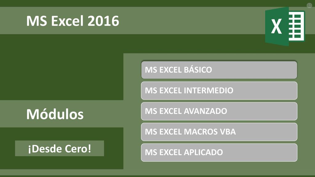 MS Excel 2016 Módulos ¡Desde Cero! MS EXCEL BÁSICO MS EXCEL INTERMEDIO