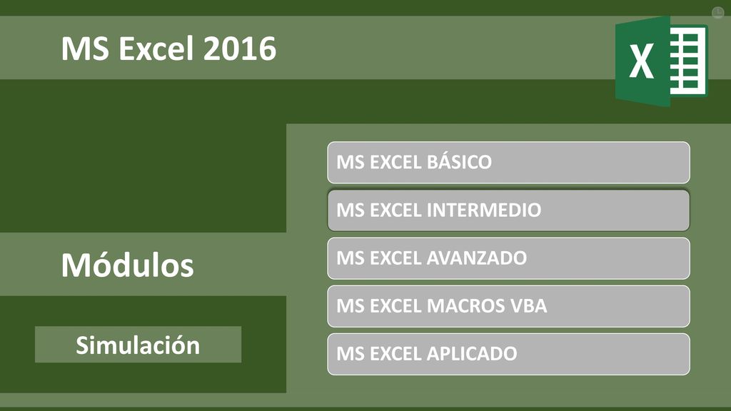 MS Excel 2016 Módulos Simulación MS EXCEL BÁSICO MS EXCEL INTERMEDIO
