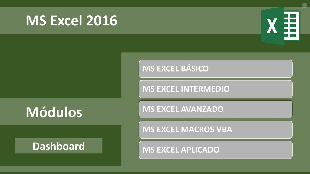MS Excel 2016 Módulos Dashboard MS EXCEL BÁSICO MS EXCEL INTERMEDIO